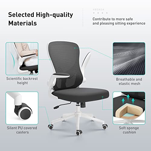 Hbada Office Chair Ergonomic Desk Chair, Office Desk Chairs with PU Silent Wheels, Breathable Mesh Computer Chair with Adjustable Lumbar Support, Flip-up Armrests, Tilt Function, White