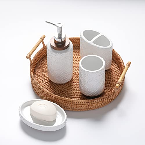 RQYIXI Bathroom Accessories Set 4 Pcs Toothbrush Holder Soap Dispenser Ceramic and Wood Bathroom Set Contain Toothbrush Cup Soap Dish Tumbler Black