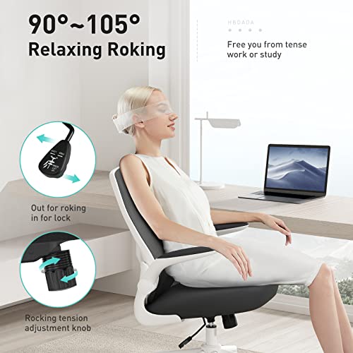 Hbada Office Chair Ergonomic Desk Chair, Office Desk Chairs with PU Silent Wheels, Breathable Mesh Computer Chair with Adjustable Lumbar Support, Flip-up Armrests, Tilt Function, White