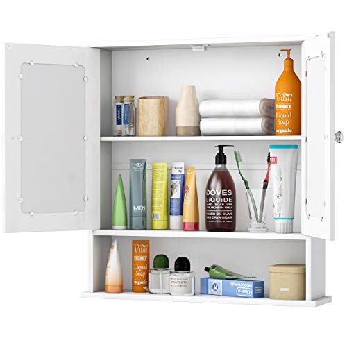 Tangkula Bathroom Cabinet, Wall Mount Storage Cabinet with Double Mirror Doors, Wood Medicine Cabinet(White)