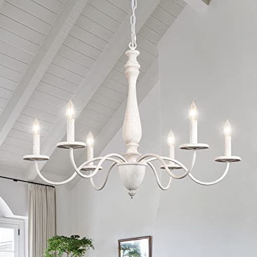 YLCHYTDZSW French Country Chandelier, 6 Lights Rustic Farmhouse Chandelier for Dining Room Lighting Fixture, Antique Handmade Real Wood Chandelier Brown White Chandelier for Bedrooms Foyer Living Room