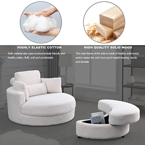 HomSof Swivel Accent Barrel Modern Grey Sofa Lounge Club Big Round Chair with Storage Ottoman Linen Fabric for Living Room Hotel with Pillows, White