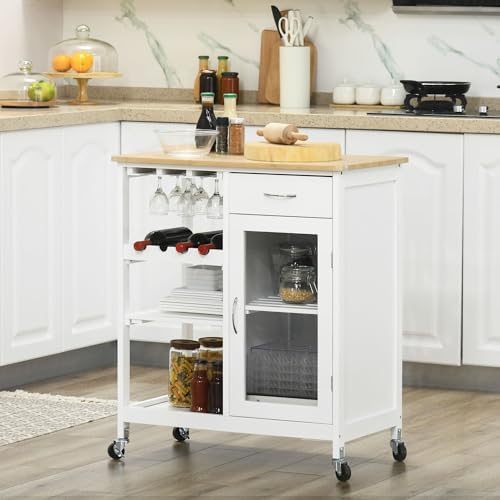 HOMCOM Rolling Kitchen Island with Storage, Kitchen Cart with 4-Bottle Wine Rack, Bar Cart with Stemware Holder, Shelves, Drawer and Cabinet, White