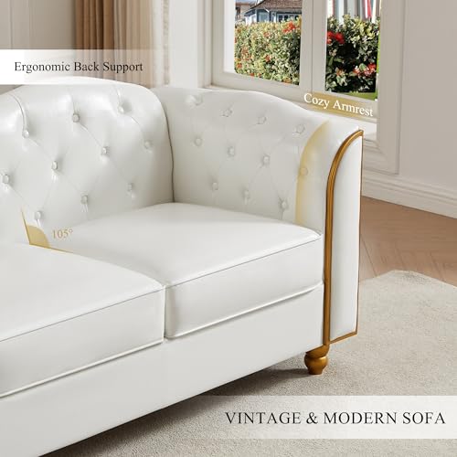 HITHOS 78" Leather Sofa Couch, Soft 3 Seater Sofa Couches for Living Room, Button Tufted Comfy Couch Modern Sofa with Upholstered Cushion, Gold Trim, Solid Wood Legs for Dorm Bedroom Apartment, White