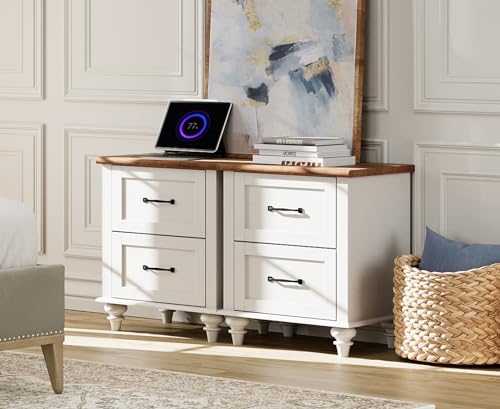 WAMPAT White End Table with Charging Station, Set of 2 Nightstands with Drawers, Mid Century Side Table with 2 Power Outlets & 2 USB Ports, Night Stand for Bedroom & Living Room