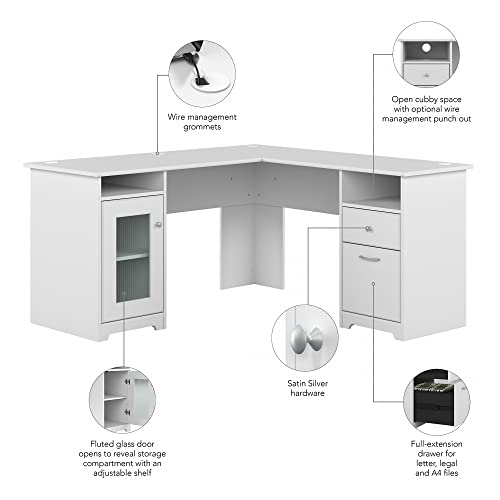 Bush Furniture Cabot L Shaped Computer Desk in White Corner Table with Drawers for Home Office