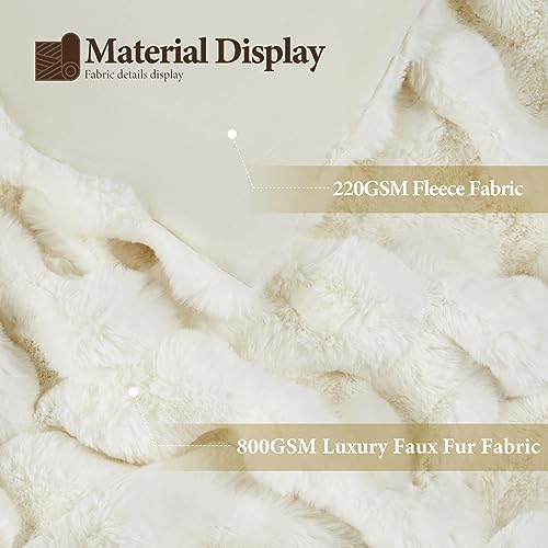 Touchat Luxury 1000GSM Faux Rabbit Fur Throw Blanket, Super Heavy Warm Cozy Beige Cream Blankets for Couch Bed Sofa, Ruched Plush Fuzzy Elegant Soft Reversible Mink Blanket for Living Room Bedroom