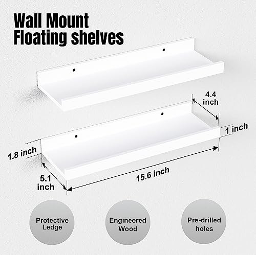 Boswillon Floating Shelves Wall Mounted Set of 2, Modern White Shelves for Bedroom, Nursery Shelves with Lip, Display Picture Ledge Shelf for Wall Decor Living Room Bathroom Kitchen - White