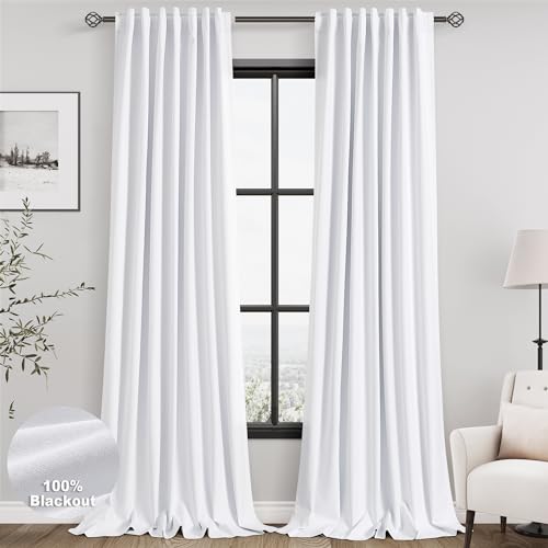 Full Black Out White Window Curtain Panels 102 Inches Long 2 Panels Set for Living Room Cotton Textured Long Blackout Curtains With White Backing Thermal Insulated Drapes for Winter Nursery Bedroom