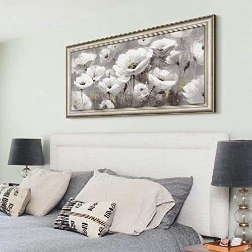 Flower Canvas Wall Art Picture: Living Room Abstract Floral Framed Painting Decor Modern White Blooming Blossom Artwork Large Botanical Wildflower Prints for Bedroom Home