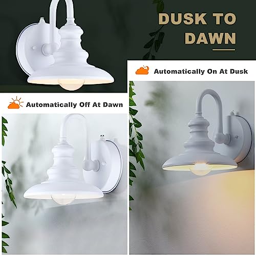 LONEDRUID Dusk to Dawn Sensor Outdoor Gooseneck Barn Light Fixtures White Exterior Wall Sconce Lighting Waterproof Outside Porch Lantern Rustic Wall Mount Lamp for House Garage Farmhouse