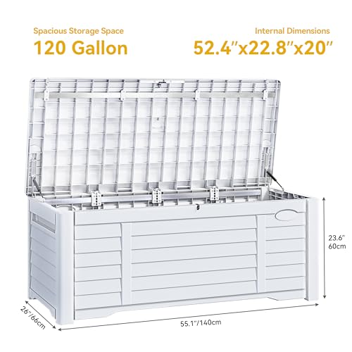 DWVO Large Deck Box 120 Gallon Waterproof Outdoor Storage Box, Extra Large Outdoor Storage Bin, Resin Louvered Patio Storage for Indoor Outdoor Pillows, Garden Tools & Pool Supplies, Lockable, White