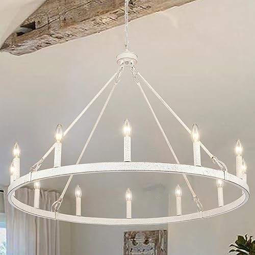 JDfeiFFF Wagon Wheel Chandelier 12 Lights 38-inch Large Vintage White Chandelier Farmhouse Chandelier for Dining Room Ceiling Pendant Light Fixture Living Room Kitchen Island