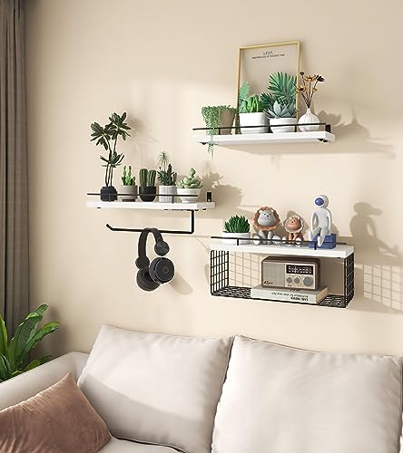 Mefirt Floating Shelves, 3+2 Tier Bathroom Shelves with Paper Towel Holder & Towel Bar, Wood Wall Décor Shelves Over Toilet with Wire Storage Basket & Guardrail, Farmhouse Floating Shelf - White