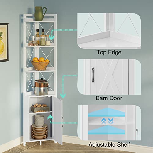 Rolanstar Corner Shelf 5-Tier with Storage, Corner Bookshelf Stand Storage Rack Plant Stand for Living Room, Home Office, Kitchen, Small Space, White 12.5"D x 18.9"W x 70.9"H