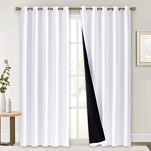 NICETOWN 100% Blackout Window Curtain Panels, Cold and Full Light Blocking Drapes with Black Liner for Nursery, 84 inches Drop Thermal Insulated Draperies (White, 2 Pieces, 70 inches Wide Each Panel)