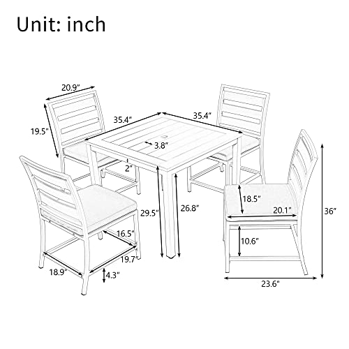 EMKK 5-Piece Indoor Outdoor Wicker Dining Set Furniture for Patio, Backyard w/Square Glass Tabletop, Umbrella Cutout, 4 Chairs, H-White