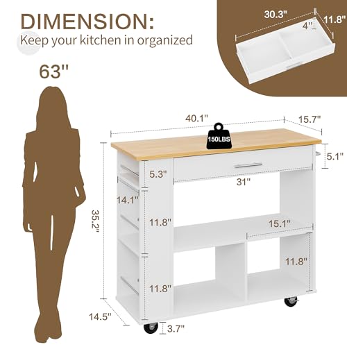 SUNLEI Kitchen Island on Wheels with Storage Cabinet, Rolling Cart Kitchen Storage Organizer with/3 Side Spice Rack, Lockable Wheels & Towel Handle, 2 Tier Open Shelf for Kitchen(White)