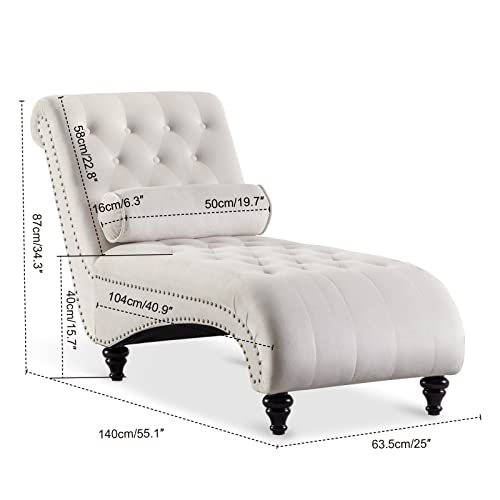 ONPNO Tufted Velvet Chaise Lounge Indoor, Leisure Accent Chair Upholstered Couch with Toss Pillow for Bedrooom Living (White) 55.1D x 25W x 34.3H in