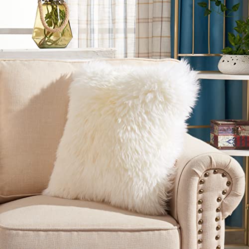 Outlavish Sheepskin Pillows, Real Genuine Lambskin Rabbit Fur Throw Decorative Cushion Case Covers for Couch & Bedroom, Luxuriously Soft & Fluffy, Set of Two (Pearl White, 18x18)