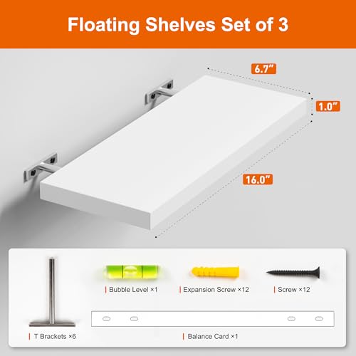 oridom Floating Shelves for Wall, White Wood Wall Shelf Set of 3, 16" Wall Mounted Floating Shelf for Kitchen, Living Room, Bedroom, Bathroom Storage, Book Shelf for Wall Home Decor, Frame Display