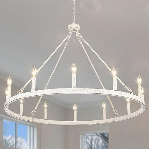 JDfeiFFF Wagon Wheel Chandelier 12 Lights 38-inch Large Vintage White Chandelier Farmhouse Chandelier for Dining Room Ceiling Pendant Light Fixture Living Room Kitchen Island