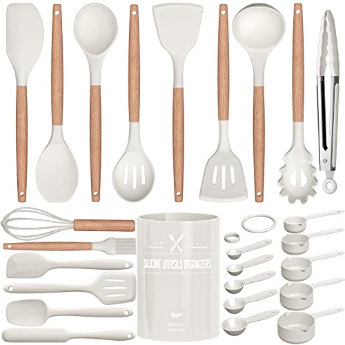 Kitchen Utensils Set, 26 Pcs Non-Stick Silicone Cooking Utensils Spatula Set with Holder, Sturdy Wooden Handle, Heat Resistance Silicone Kitchen Gadgets Utensils Set, White