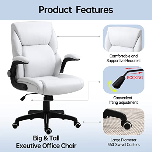 Leather Executive Office Chair- Ergonomic High Back PU Home Computer Desk Chair with Padded Flip-up Arms, Adjustable Height with Thick Seat and Tilt Function for Working Study, White