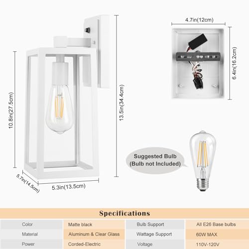 Dusk to Dawn Outdoor Lighting Fixtures Wall Mount, Sensor Exterior Wall Lights for House, Anti Rust Porch Light, White Sconce Lamp, Waterproof Wall Lantern for Doorway, Garage, 2-Pack