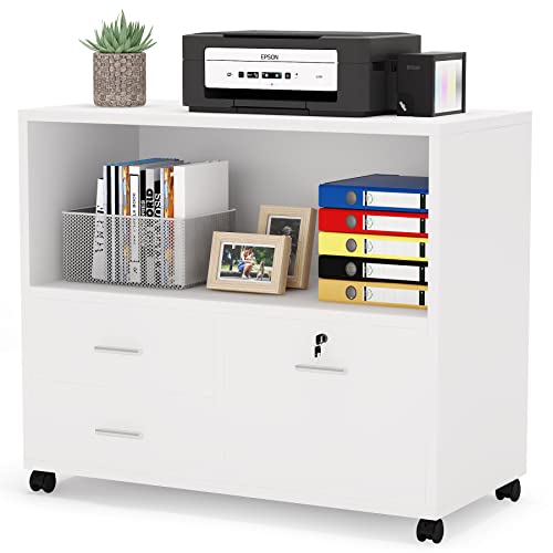 Tribesigns 3 Drawer File Cabinet with Lock, Mobile Lateral Filing Cabinet with Rolling Wheels, Large Printer Stand with Open Storage Shelves for Home Office (White)