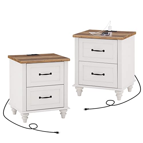 WAMPAT Set of 2 Side Tables with Charging Station, Antique White Nightstand for Bedroom Mid Century End Table Bedside Table with 2 Drawer & Solid Wood Legs, Night Stand for Dorm & Living Room