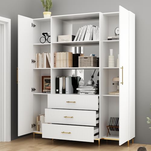 ECACAD 74.8" H Tall Storage Cabinet with Mirror & Carved Ripple Doors, Versatile Display Cabinet Bookshelf Kitchen Pantry Cabinet with Adjustable Shelves & Drawers for Living Room, Home Office, White