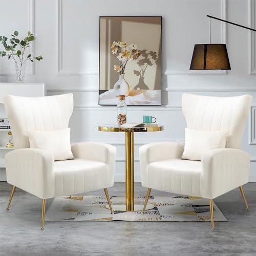 WQSLHX Living Room Chairs Set of 2 with Lumbar Pillow, Velvet Accent Chair with High Back Mid Century Armchair for Bedroom with Armrest, Arm Chair with Golden Metal Legs, White