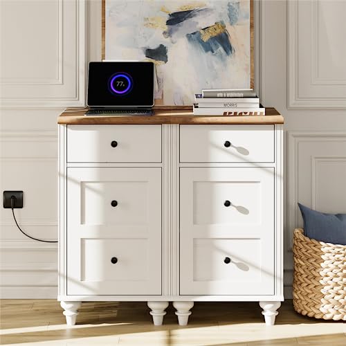 FITUEYES Set of 2 Farmhouse End Table with Charging Station, White Side Table with Drawer & Storage Cabinet, Wood Nightstands with Power Outlets & USB Ports for Living Room, Bedroo