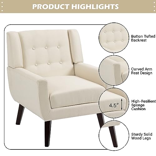 UIXE Accent Chairs Set of 2, Modern Living Room Arm Chair Button Tufted Armchair, Comfy Upholstered Club Lounge Sofa Seat Reading Chair Bedroom Side Seating for Home Office (White)