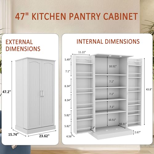 HOME BI 47" Kitchen Storage Cabinet, White Freestanding Kitchen Pantry Storage Cabinet Storage Cabinet with Doors and Shelves & Adjustable Shelves for Kitchen, Living Room and Dinning Room