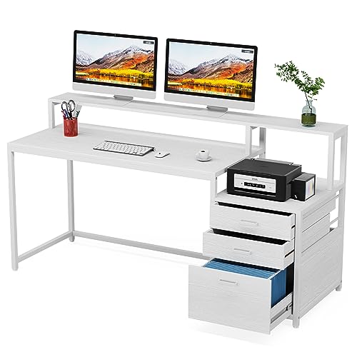 Tribesigns 63 Inch Computer Desk with File Drawer Cabinet, Ergonomic Office Desk with Monitor Stand, Computer Table with Printer Space, Wood PC Table Workstation Desk for Home Office, White