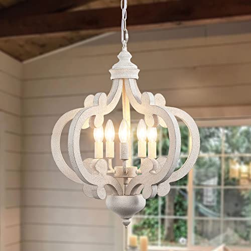 ETONIMERR Wooden French Country Chandelier Light Fixture Ceiling 5-Light, Antique White Farmhouse Chandelier for Dining Room Cottage Rustic Pendant Lighting for Kitchen Island Living Room Bedroom