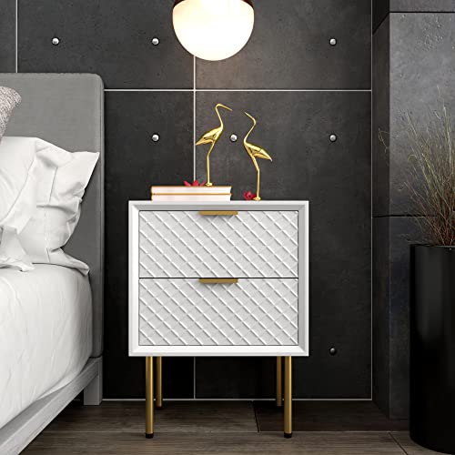 COZAYH Modern 2-Drawer Nightstand Set of 2, Contemporary Side Table, Retro-Inspired Raised Diamond Motif, White, 2 Pack