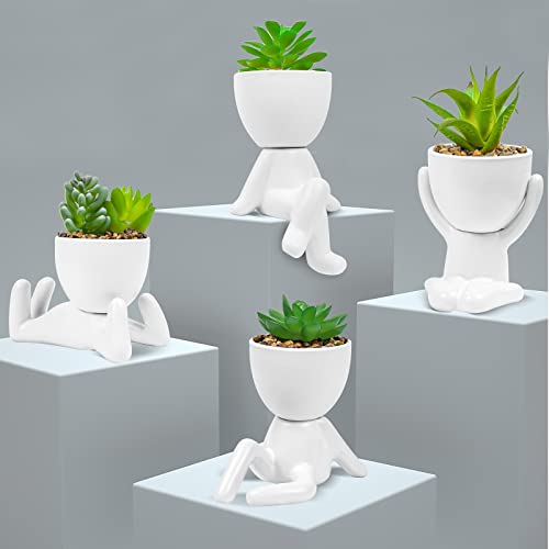 LJMBOEN 4 PCS Cute Fake Succulent with Creative Human Shaped Pots,Mini Ceramic Plant Potted Succulents for Women Men,Faux Succulents Plants for Office,Home,Bathroom and Shelf Decor (White)