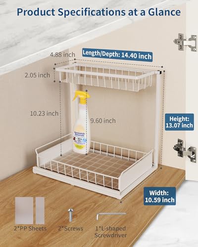 Zyerch Under Sink Organizer,Metal Pull Out Kitchen Cabinet Organizer with Sliding Drawer,Sturdy Multi-Functional for Bathroom Organization,White