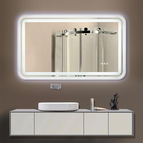 ANDY STAR Led Bathroom Mirror 24''x40'', Lighted Bathroom Vanity Mirror Rounded Rectangle, Glossy White Beveled Metal Frame, 3 Color Front Light+WRGB Backlit Stepless Dimmable, Anti-Fog, CRI>90