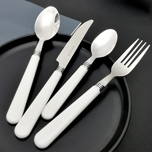 White Silverware Set for 8 Durable Stainless Steel Flatware Set 32 Piece Cutlery Tableware Utensils White Handle (ABS) Set Include Teaspoons Knives Forks and Spoons for Home Kitchen Christmas