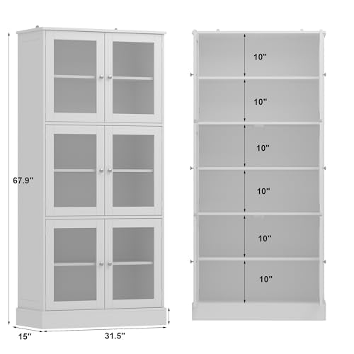 Hitow 67.8" Tall Curio Cabinet Glass Storage Cabinet with 6-Tier Shelf, Large Display Bookshelf Bookcase with 6 Glass Doors, Liquor Cabinet for Home Office Living Room Kitchen, White 31.5" W