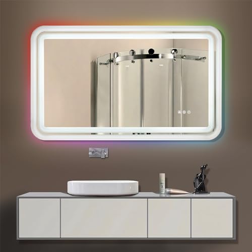 ANDY STAR Led Bathroom Mirror 24''x40'', Lighted Bathroom Vanity Mirror Rounded Rectangle, Glossy White Beveled Metal Frame, 3 Color Front Light+WRGB Backlit Stepless Dimmable, Anti-Fog, CRI>90