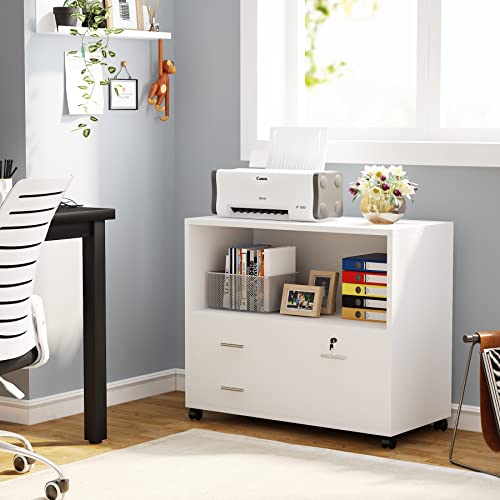 Tribesigns 3 Drawer File Cabinet with Lock, Mobile Lateral Filing Cabinet with Rolling Wheels, Large Printer Stand with Open Storage Shelves for Home Office (White)