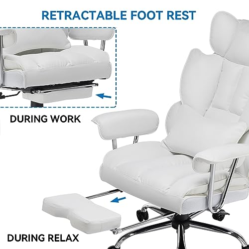 Efomao Ergonomic Office Chair, Big and Tall High Back PU Leather Wide Computer Office Chair Executive Office Chair Lumbar Support Leg Rest for Heavy People, White Office Chair