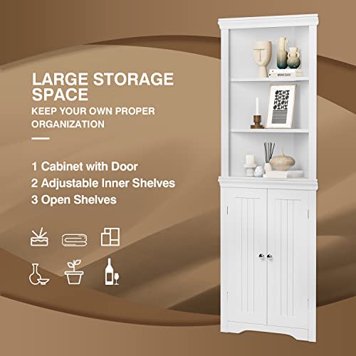 JUMMICO Corner Cabinet Corner Bathroom Cabinet with 2 Doors and 3 Tier Shelves Free Standing Corner Storage Cabinet for Bathroom, Living Room, Bedroom or Kitchen (White)