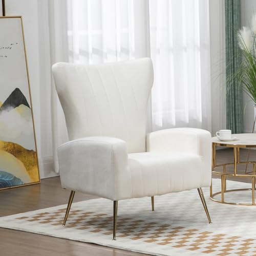 WQSLHX Living Room Chairs Set of 2 with Lumbar Pillow, Velvet Accent Chair with High Back Mid Century Armchair for Bedroom with Armrest, Arm Chair with Golden Metal Legs, White