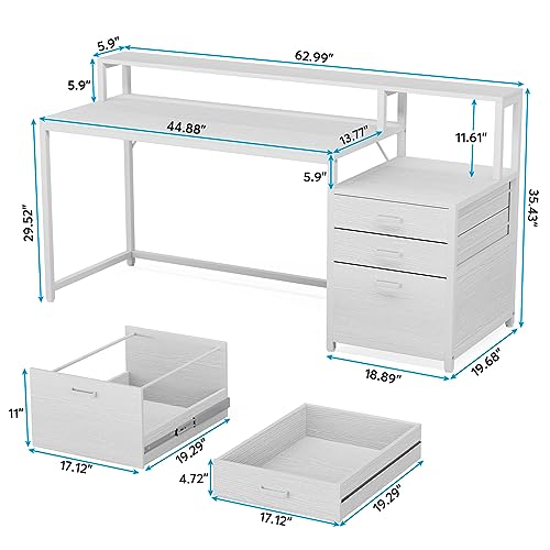 Tribesigns 63 Inch Computer Desk with File Drawer Cabinet, Ergonomic Office Desk with Monitor Stand, Computer Table with Printer Space, Wood PC Table Workstation Desk for Home Office, White